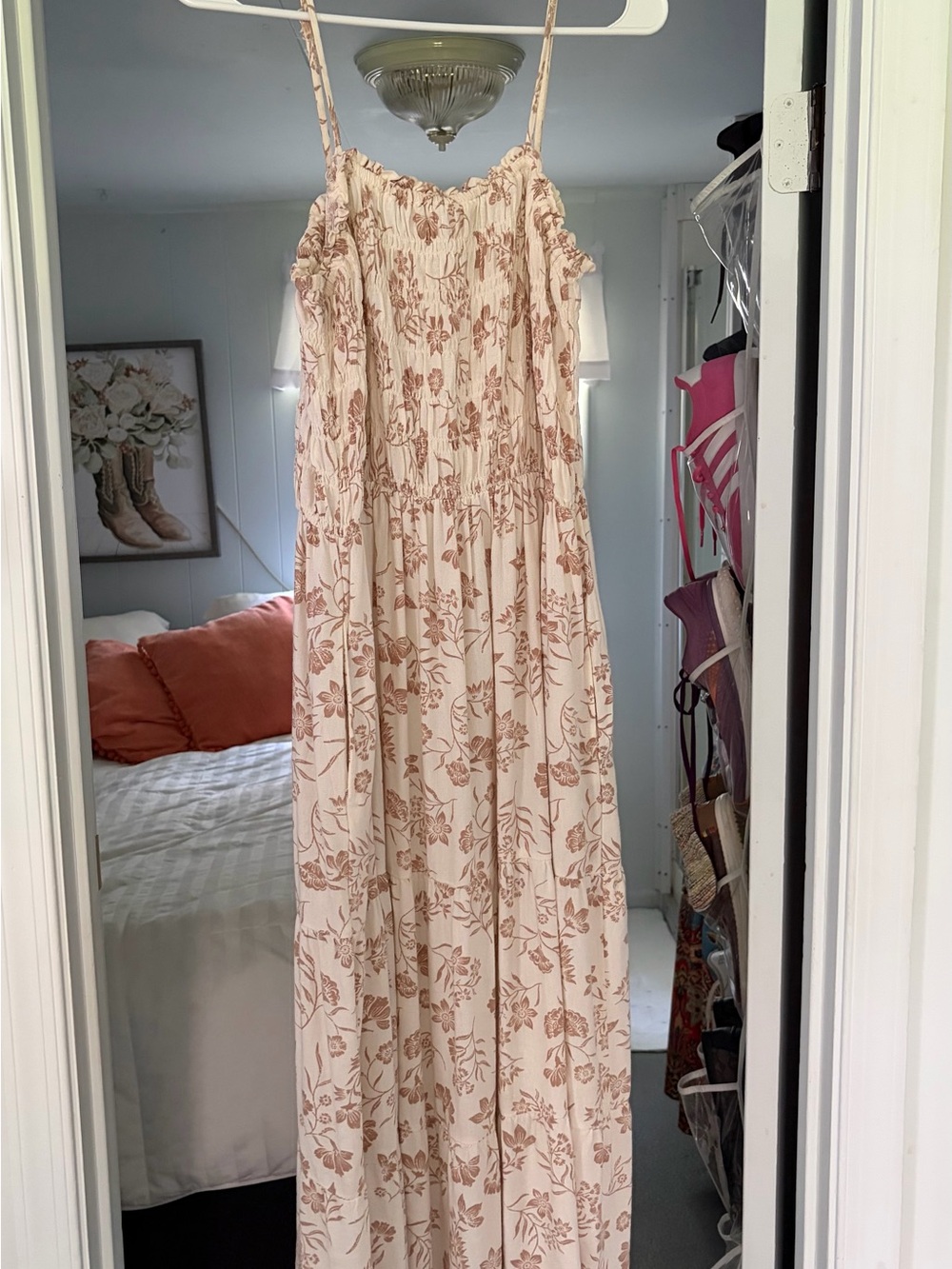dip Cream Maxi Dress with Brown Floral Motif